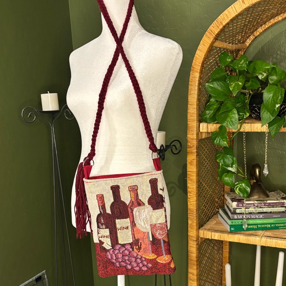 Handmade Wine Grapes Tapestry Crossbody Burgundy Lined Yarn Strap Bag Purse